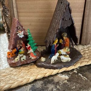 Holiday Nativity Scene Figurines mini Brown and Green vintage